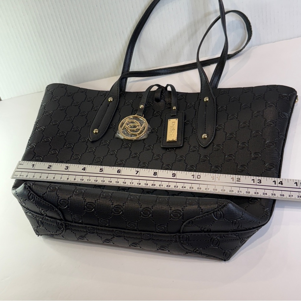 Bebe Embossed Black Logo Tote – Gold Charm & Saffiano Finish Chic - Picture 9 of 16